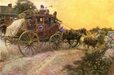 Diligence du soir arrivant dans un village transportant courrier et passagers au début du XIXe siècle. Reproduction d