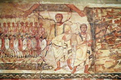 Exode et traversée de la mer Rouge, fresque provenant de la synagogue de Doura Europos, 244-245, et conservée au Musée National de Damas. Photo prise au Musée Juif de New York pendant une exposition. - Unbekannt