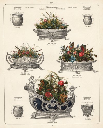 Supports de fleurs, plats de fleurs, vases et jardinières. Lithographie d