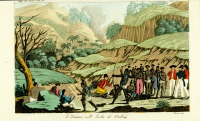 Explorateurs français dessinant des indigènes sur l