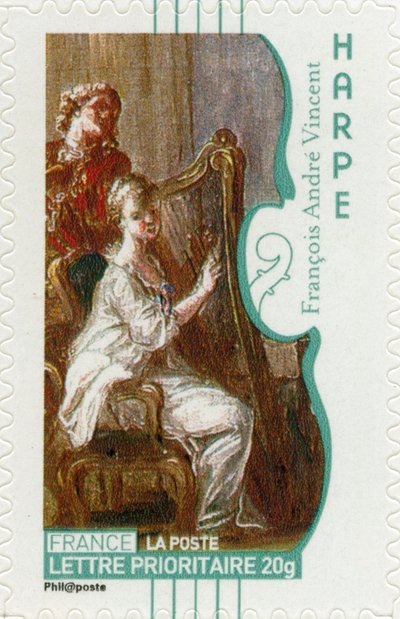 Timbre-poste français montrant une femme jouant de la harpe, d