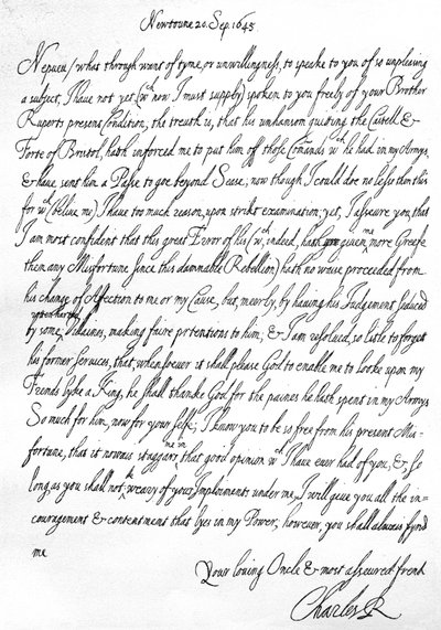 Lettre amicale de Charles Ier à son neveu, le prince Maurice, écrite à Newtown, Powys, Pays de Galles, 20 septembre - Unbekannt