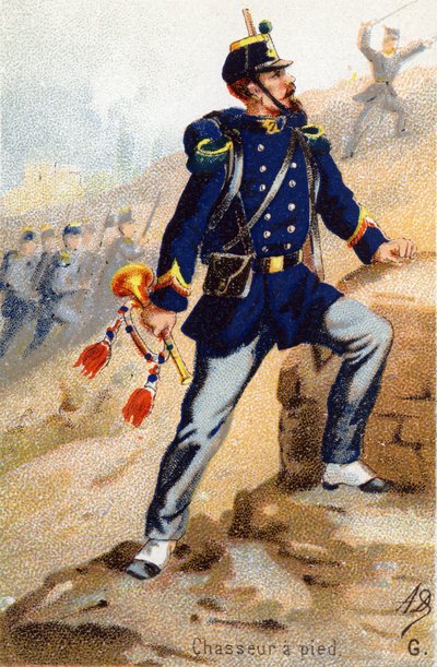 G : Chasseur à pied. Gravure dans "Alphabet militaire". Initiales de l