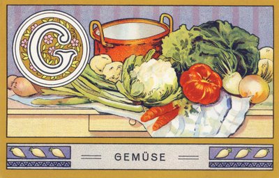 G : Gemuse - Alphabet Palmin. Série de chromolithographies éditées par H. Schlinck & Cie, Hambourg, s. d. Publicité pour Palmin feinstes Cocosfett. Dimensions : 7 x 11 cm - William M. Timlin