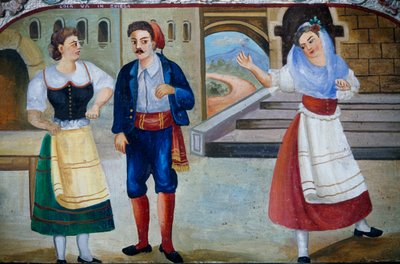 Scène galante avec personnages costumés, peinture sur panneau de bois, artisanat sicilien, Sicile, Italie, Détail - William M. Timlin