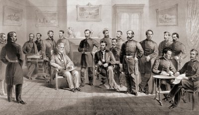 Le général Ulysses S. Grant (assis au centre droit) et le général Robert E. Lee (assis au centre gauche) avec leurs états-majors respectifs au palais de justice d