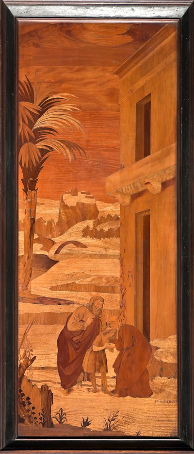 Gênes, Duomo (cathédrale Saint-Laurent), intérieur, abside, chœur, côté nord : "Saint Jean-Baptiste prend congé de sa famille", marqueterie de bois par Vincenzo et Tommaso Garassino (XIXe siècle) - Unbekannter Künstler