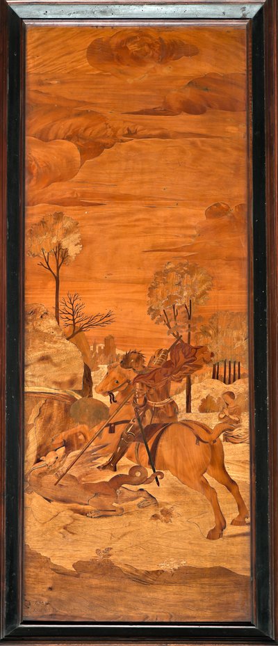 Gênes, Duomo (cathédrale Saint-Laurent), intérieur, abside, chœur, sud : "Saint Georges et le dragon", marqueterie de bois par Vincenzo et Tommaso Garassino (XIXe siècle) - Unbekannter Künstler