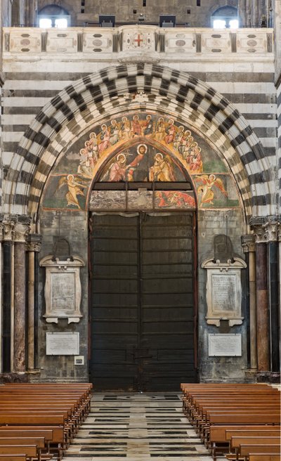Gênes, Duomo (cathédrale Saint-Laurent), intérieur, endonarthex : vue de la contre-façade et du portail principal - Unbekannter Künstler