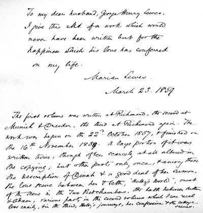 Dédicace chaleureuse et aimante de George Eliot à son 