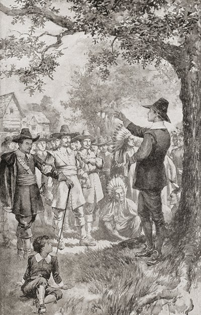 George Fox prêchant à une foule dans le Maryland, Amérique en 1671 lors d