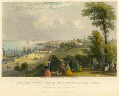 Allemagne, Hambourg, Elbhoehe, vue depuis le Stintfang sur le fleuve Elbe, gravure sur acier colorée à l