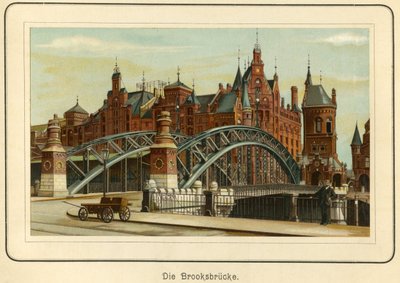 Allemagne, Hambourg, le "Brooksbrücke" (pont Brooks) et en arrière-plan les entrepôts du port, appelés "Speicherstadt", vers 1890 (lithographie) - Unbekannter Künstler