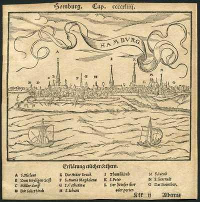 Allemagne, Hambourg, vue sur la ville, au premier plan le fleuve Elbe, illustration de la Cosmographia de Sebastian Muenster, vers 1570 (gravure) - Unbekannter Künstler