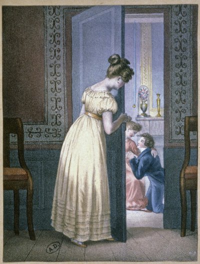 Fille écoutant la conversation privée de deux amoureux, vers 1820 - Unbekannter Künstler