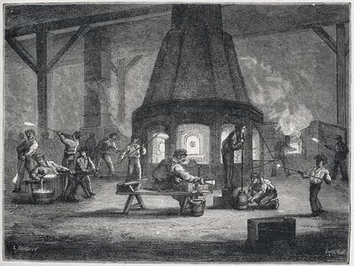 Fabrication de verre dans la seconde moitié du 19e siècle : les enfants travaillent, c. 1880 (gravure) - Unbekannter Künstler