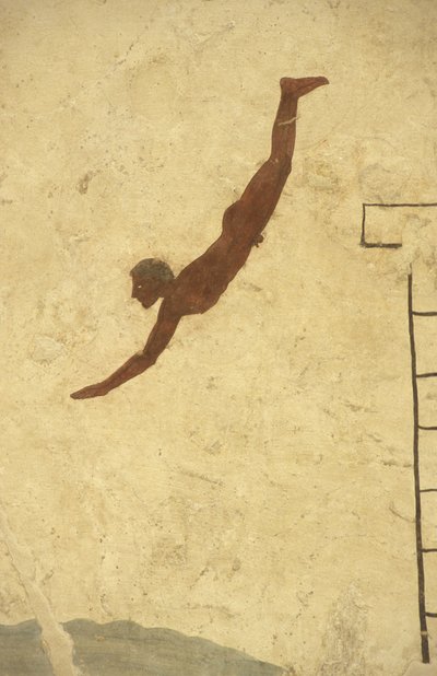 Art grec : Fresque de la tombe du plongeur, Paestum, Région de Campanie, Italie. Tomba del Tuffatore, peinture murale, parc archéologique de Paestum, Campanie, Italie - William M. Timlin