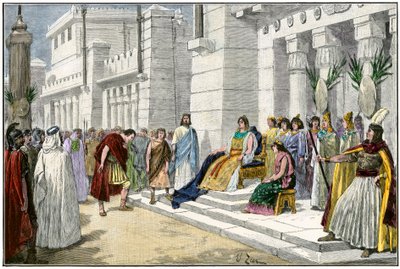 Mythologie grecque et romaine : Didon (ou Élyssa ou Élissa), fondatrice légendaire et première reine de Carthage (Tunisie), reçoit Énée, le héros de la guerre de Troie et fondateur de Lavinium, originaire de Rome (Italie) - Gravure colorisée du 19ème siècl - Unbekannter Künstler