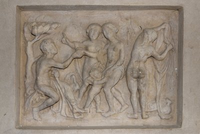 Mythologie grecque : le Jugement de Pâris. Le berger Pâris doit choisir la plus belle des trois déesses entre Aphrodite (Vénus), accompagnée de Cupidon, Héra (Junon) et Athéna (Minerve). Il choisit Aphrodite à qui il offre une pomme d