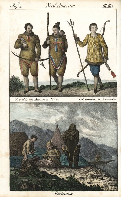 Habitants du Groenland portant des peaux et un Inuit du Labrador (Canada) avec un trident. En dessous, une scène quotidienne de la vie familiale inuit devant un igloo, une tente et un canoë, Amérique du Nord. Lithographie pour le livre : « Galerie complète - Unbekannter Künstler