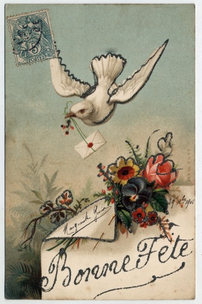 Carte de vœux : un oiseau apporte une lettre scellée - Carte postale datée de 1906 - Unbekannt