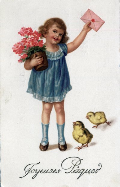 Carte de vœux de Pâques : une petite fille apportant une lettre scellée accompagnée de deux poussins - Carte postale fin 19e-20e siècle - Unbekannt