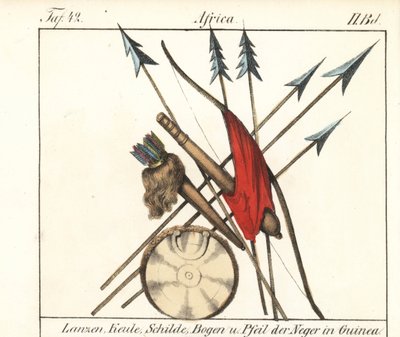 Armes de Guinée Conakry, lances, massues, arcs et flèches dans leur carquois, bouclier. Lithographie pour le livre : « Galerie complète en tableaux fidèles des peuples d