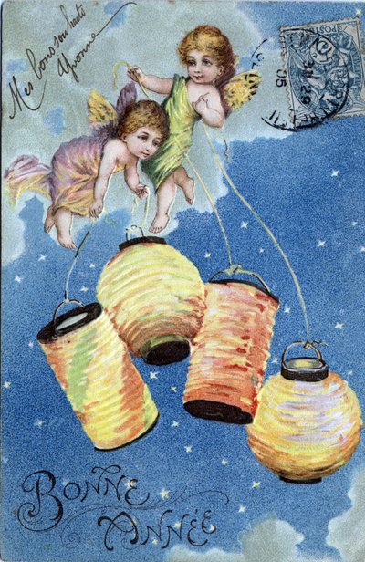 Carte de vœux de Bonne Année : Deux anges avec des lanternes - Carte postale datée de 1905 - Unbekannt