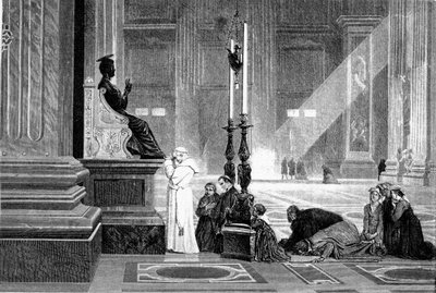 Histoire de la Rome antique. Le pape Pie IX en prière devant la statue de Saint Pierre dans la basilique du Vatican, gravure de G. Laplante 1867 - Unbekannt