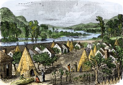 Histoire des peuples autochtones : Village Mohawk, New York, vers 1780. Gravure colorée du 19ème siècle. - Unbekannter Künstler