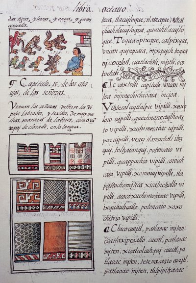 Huipil, vêtement féminin porté par la noblesse avec des blouses brodées, Livre VIII du Codex florentin, Histoire générale des choses de la Nouvelle-Espagne, par le missionnaire espagnol Fray Bernardino de Sahagun. Civilisation aztèque - William M. Timlin