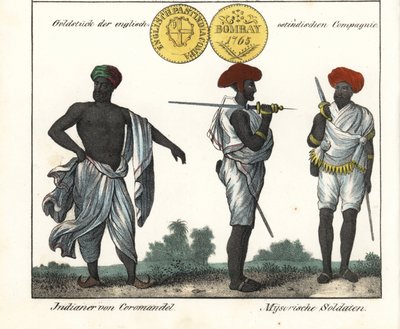 Costumes indiens : un homme de la côte de Coromandel et deux soldats de Mysore (ou Maissour). Avec une pièce d