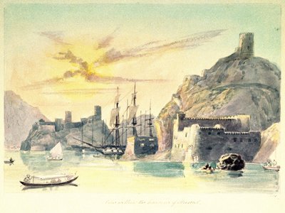 Vue intérieure du port de Mascate, avec description des bâtiments fortifiés et des navires amarrés - Unbekannter Künstler