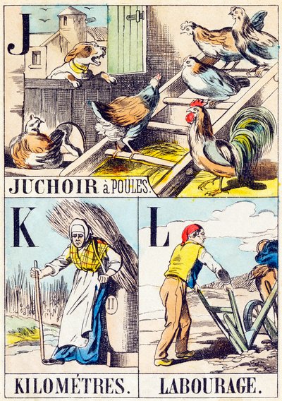 J K L : Juchoir à poules, Kilomètres, Labourage - « Alphabet de la ferme » fin du XIXe siècle (gravure) - Unbekannt