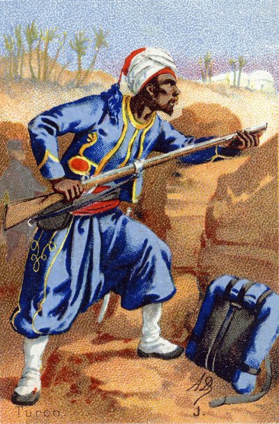 J : Turco. Gravure dans « Alphabet militaire ». Initiales de l