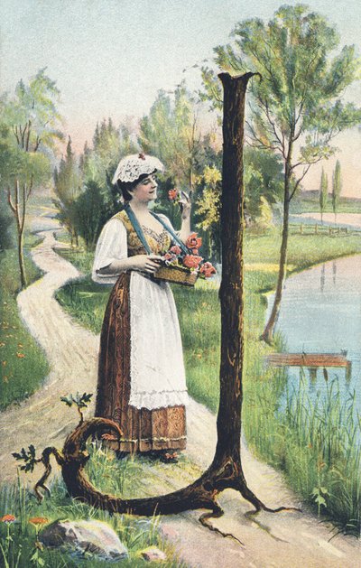 J : Une femme debout en jupe longue, tablier et corsage porte une corbeille de fleurs. Décor champêtre - Alphabet personnages Ref Th. E., L. Theochrom - Série 994. Theodor Eisman, éditeur, Leipzig - Unbekannt