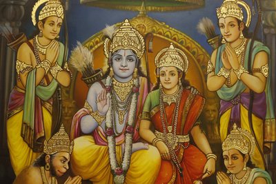 Temple hindou Jalaram Prathna, Leicester. Fresque. Ram, Sita avec Lakshman à droite de Ram et Hanuman agenouillé, et dévots Royaume-Uni - Unbekannt