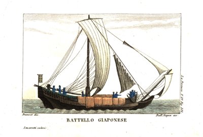 Voilier japonais. Illustration de Jean Louis Prevost du Journal de Jean François de Galaup, comte de La Pérouse (1741-1788). Gravure sur cuivre par dell