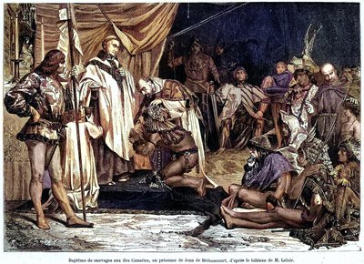 Jean de Béthencourt, gentilhomme normand, baron de Saint Martin le Gaillard, a conquis et christianisé les îles Canaries en janvier 1405, du magazine “Sur terre et sur mer” n°28, 8 janvier - Unbekannter Künstler