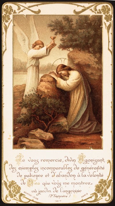 Jésus priant à genoux dans le Jardin de Gethsémani, un ange lui présentant un calice. Début du 20e siècle (carte postale) - Unbekannter Künstler