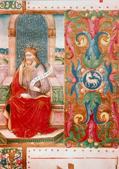 Le roi Salomon sur le trône, lettrine illuminée du manuscrit Ms. K C 43, Florence, Museo del 