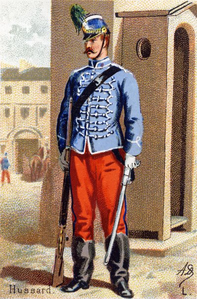 L: Hussard. Gravure dans "Alphabet militaire". Initiales de l