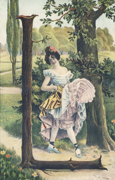 L : Une femme portant des fleurs dans les cheveux relève ses jupons pour esquisser un pas de danse. Décor champêtre - Alphabet personnages Ref Th. E., L. Theochrom - Série 994. Theodor Eisman, éditeur, Leipzig - Unbekannt