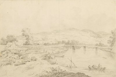 Paysage au bord de la rivière, avec ponts et bateaux - Unbekannter Künstler