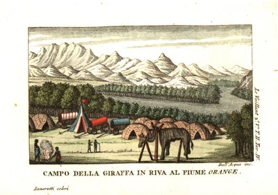 Le camp de Le Vaillant sur les rives de la rivière Orange dans le Richtersveld. Une peau de girafe est en cours de taxidermie sur un cadre. De François Le Vaillant - Unbekannter Künstler