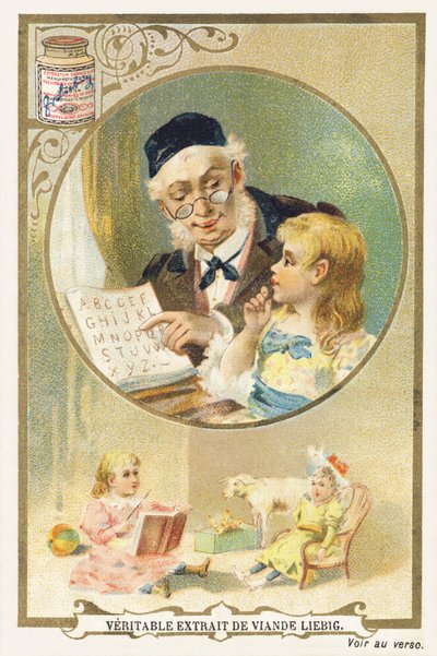 Lecture avec grand-père. Chromolithographie publicitaire représentant dans un cadre circulaire une personne âgée, une petite à ses côtés. En bas de l