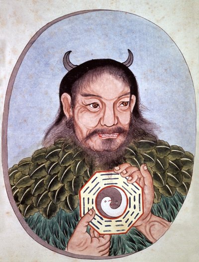 Empereur chinois légendaire Fu Hi, un des fondateurs du taoïsme (2582 av. J.-C.), portant le médaillon avec Yin et Yang, gravure chinoise, fin du 18e siècle - Unbekannter Künstler