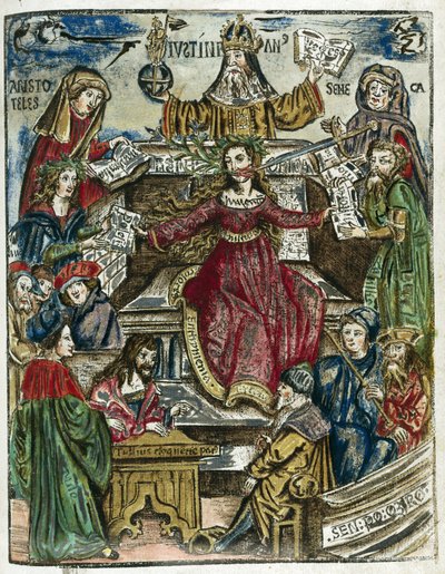 Les branches de la connaissance 16e siècle : chacune représentée par différentes personnalités : en haut, Aristote pour la philosophie et Sénèque pour la morale - Unbekannt
