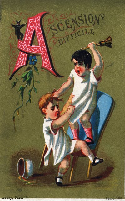 Lettre A: Ascension difficile. Gravure dans "Alphabet des grotesques". Série de 25 chromolithographies publicitaires sur fond doré, fin 19ème siècle. - Unbekannt