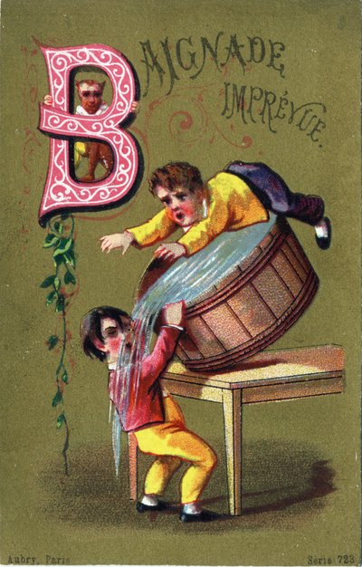 Lettre B : Bain imprévu. Gravure dans "Alphabet des grotesques". Série de 25 chromolithographies publicitaires sur fond doré, fin 19e siècle. - Unbekannt